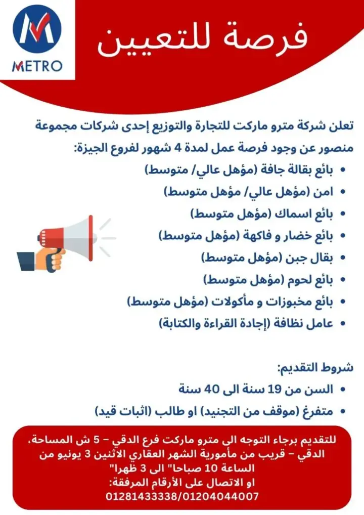 Metro Markets Jobs - Opportunity to join Mansour Group Companies
Metro Markets for Trade and Distribution, one of Mansour Group companies, is announcing a four-month job opportunity for its Giza and Sharm El Sheikh branches.
Here are some additional details .