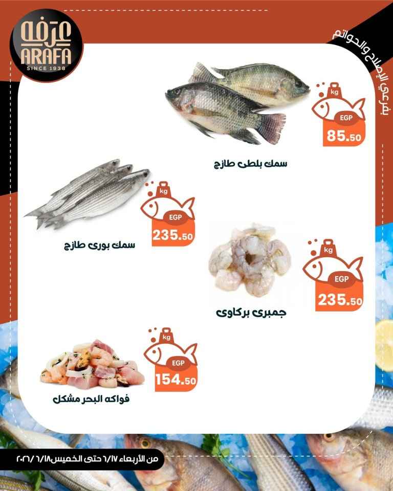 عروض عرفه ماركت على الأسماك والمأكولات البحرية 2026.. تخفيضات مميزة لمدة يومين فقط 3 عروض عرفه ماركت على الأسماك والمأكولات البحرية 2026.. تخفيضات مميزة لمدة يومين فقط