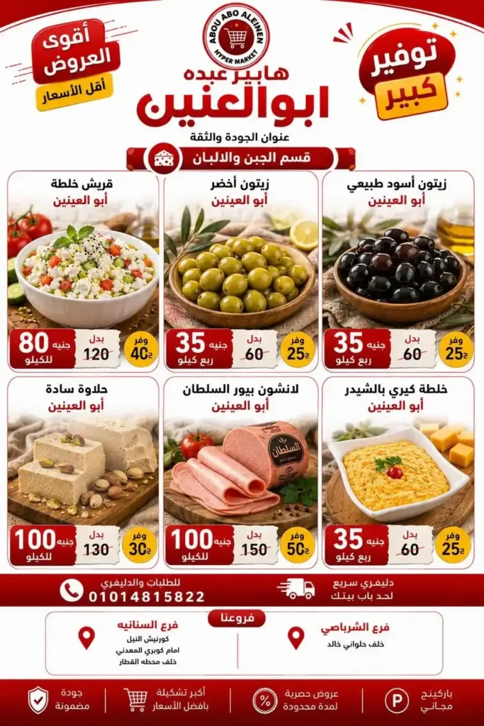 عروض هايبر عبده أبو العنين 2026.. تخفيضات قوية على السلع الغذائية والمنظفات والأجبان حتى نفاد الكمية. 9 عروض هايبر عبده أبو العنين 2026